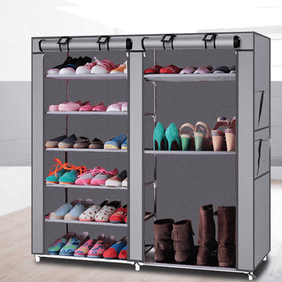 Cfowner Gray Shoe Cabinet, Double Rows 9 Lattices Combination Stylee with Multi-Function Shoe