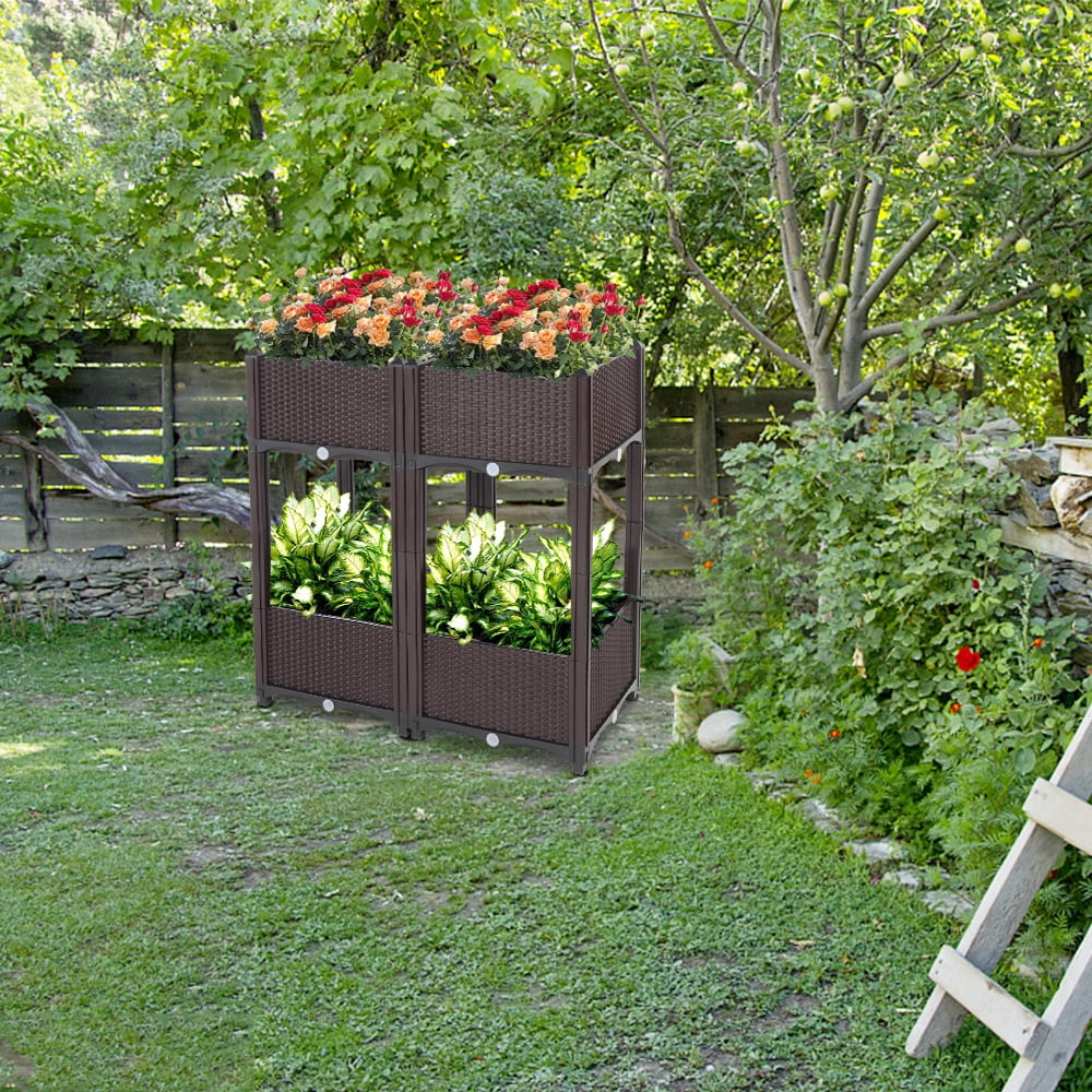 Planting Storage Box Cfowner Injection Planting Box, 4Pcs Free Splicing Garden Bed, Brown ...