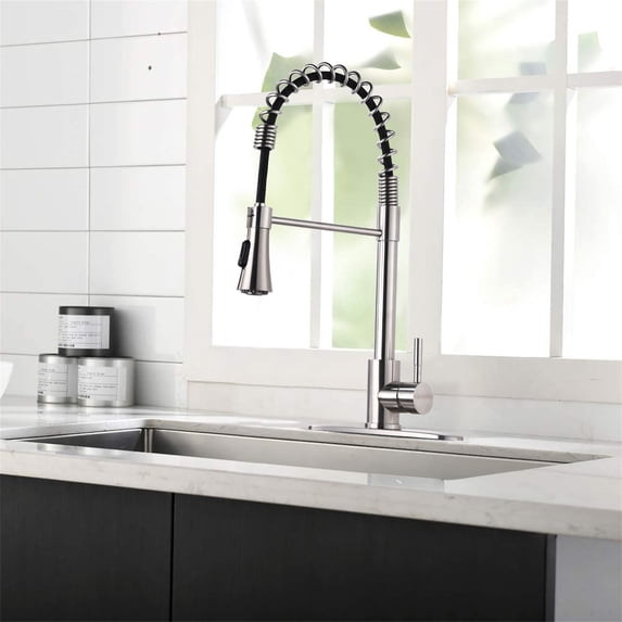 Cfowner Kitchen Faucet with Deck Plate Brushed Nickel, High Arc Single Handle Sink Faucet, Commercial Faucet for Bar Laundry