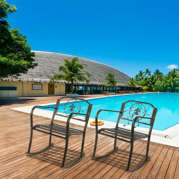 Cfowner Metal Vintage Rocking Chairs with Back & Armrest, Outside Front Porch Furniture Carved Patio Seat Oversized Rocker, Metal Rocking seat for Porch, Backyard or Garden