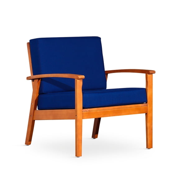 Cfowner Mid-Century Modern Leisure Accent Chair with Solid Wood Armrest for Living Room Bedroom Studio, Natural Oil Finish, Navy Cushions