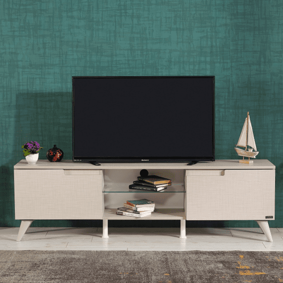 Cfowner Mid-Century Modern TV Stand for 70 Inch TV, Entertainment Center TV Console with 2 Storage Cabinet and Shelves, TV Stand for Living Room/Bedroom