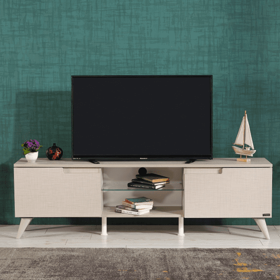 Cfowner Mid-Century Modern TV Stand for 70 Inch TV, Entertainment Center TV Console with 2 Storage Cabinet and Shelves, TV Stand for Living Room/Bedroom