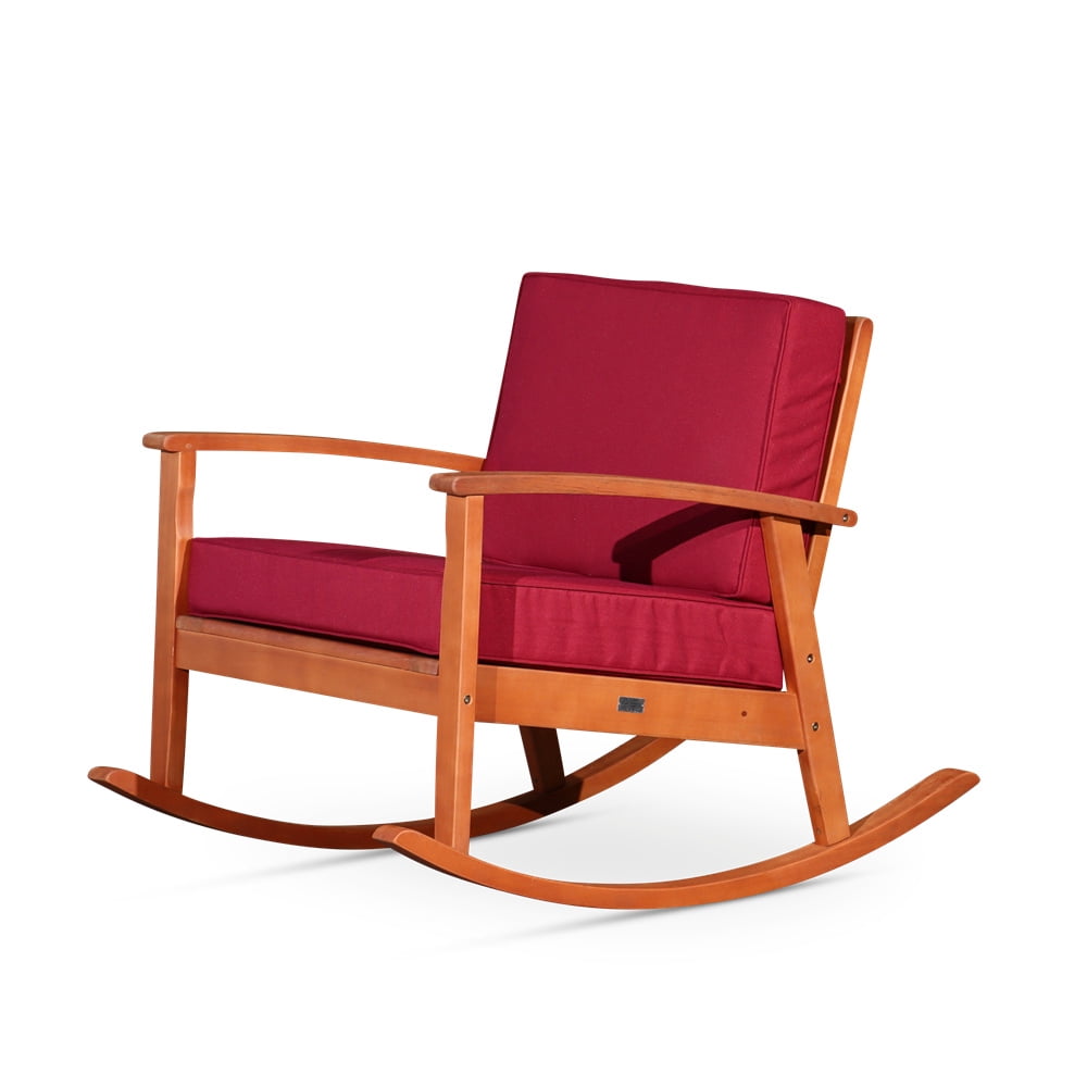 Cfowner Modern Accent Rocking Chair for Living Room/Bedroom/Nursery, Natural Oil Finish, Burgundy Cushions