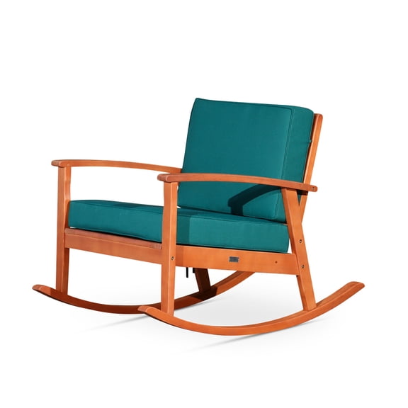 Cfowner Modern Accent Rocking Chair for Living Room/Bedroom/Nursery, Natural Oil Finish, Dark Green Cushions