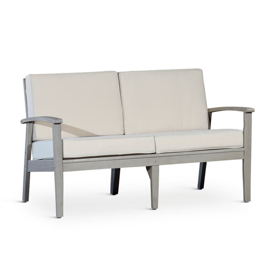 Cfowner Modern Eucalyptus Loveseat with Cushions, Driftwood Gray Finish, Sand Cushions
