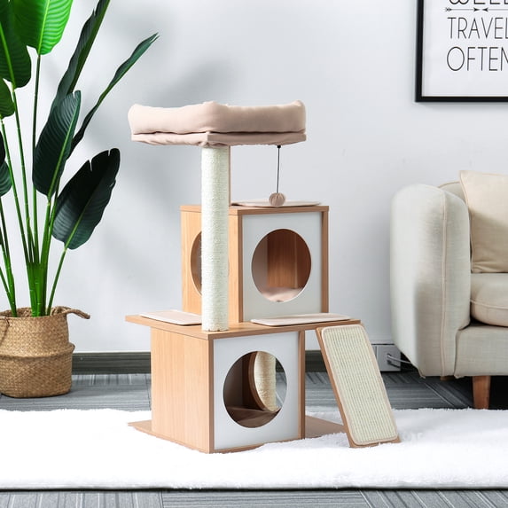 Cfowner Modern Wood Cat Tree, Cat Tower With Double Condos Spacious Perch Sisal Scratching Posts and Replaceable Dangling Balls, Beige