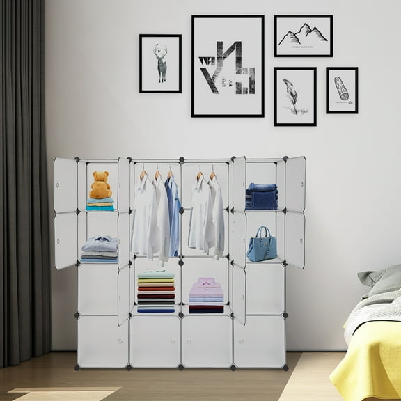 Cfowner Modular Closet Organizer Plastic Cabinet, 16 Cube Wardrobe Cubby Shelving Storage Cubes Drawer Unit, Cabinet with Doors for Clothes White