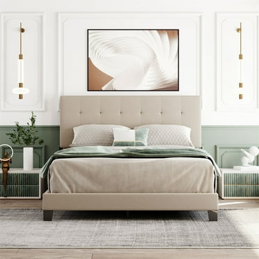 Cfowner Queen Size Low Platform Upholstered Faux Leather Bed Frame, with Headboard, Wood Slats Support, No Box Spring Needed, Easy Assembly