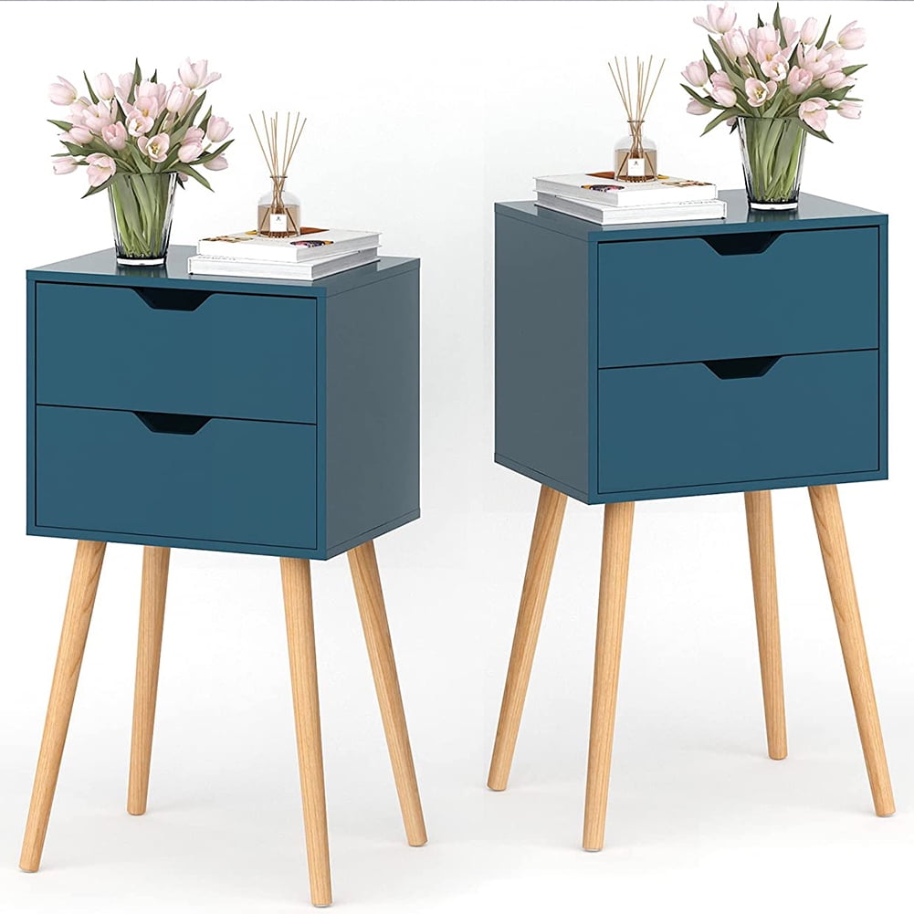 Cfowner Mid-Century Solid Wood Nightstand Set of 2, Retro 2-Drawer End ...