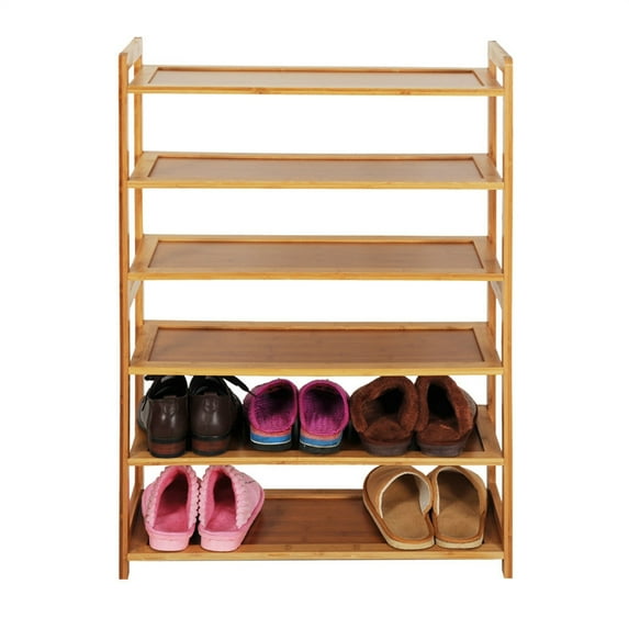 Cfowner Shoe Shelf, Concise Rectangle 6 Tiers Bamboo Shoe Rack Wood Color Organizers Storage
