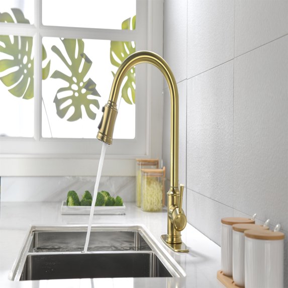Cfowner Single Handle High Kitchen Faucet, Stainless Steel Kitchen Sink Faucets with Pull Down Sprayer, Gold