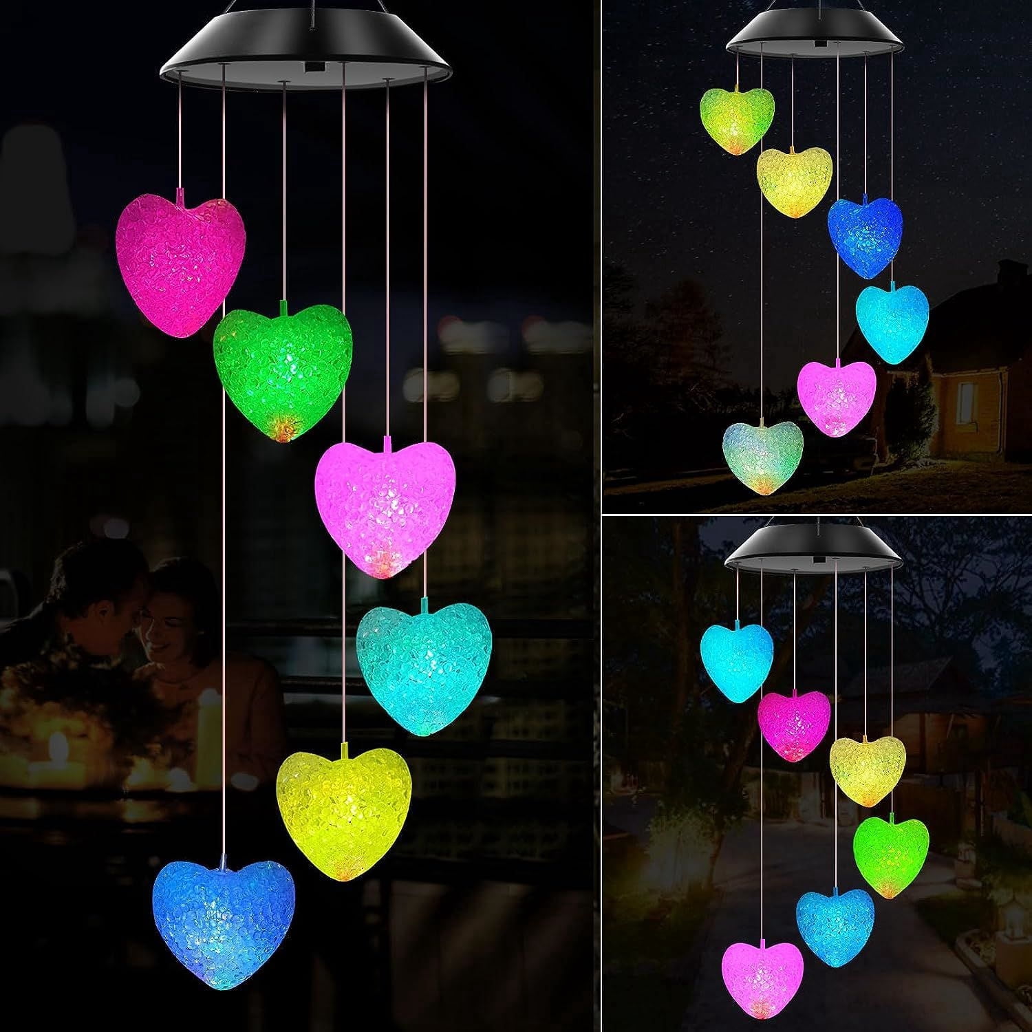 Cfowner Solar Heart Wind Chimes Outdoor, LED Solar Wind Chimes Color Changing Mobile Wind Chime Waterproof Solar Lights,Outdoor Valentines Decorations,Valentine Lights Outdoor