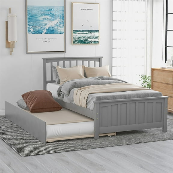 Cfowner Solid Wood Platform Bed with Trundle, Wood Slat Support
