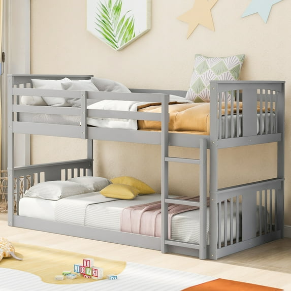 Cfowner Solid Wood Twin Over Twin Floor Bunk Beds with Ladder and Guard Rail