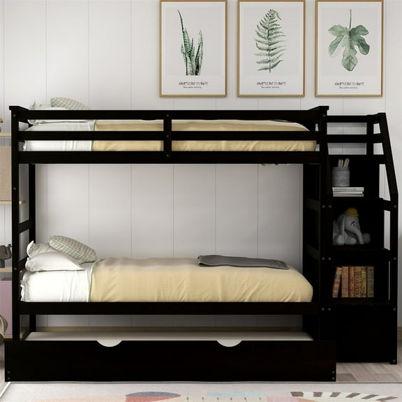 Cfowner Solid Wood Twin-Over-Twin Stairway Bunk Bed with Twin Size Trundle and 3 Storage Stairs, Full Length Guardrail for Guests Room,Bedroom