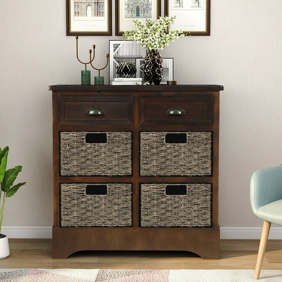 Cfowner Storage Cabinet with 2 Drawers and 4 Rattan Baskets, 28" Rustic Sofa Console End Table with Large Storage Space for Entryway Dining Room Living Room, Acacia Wood Frame with MDF Panels