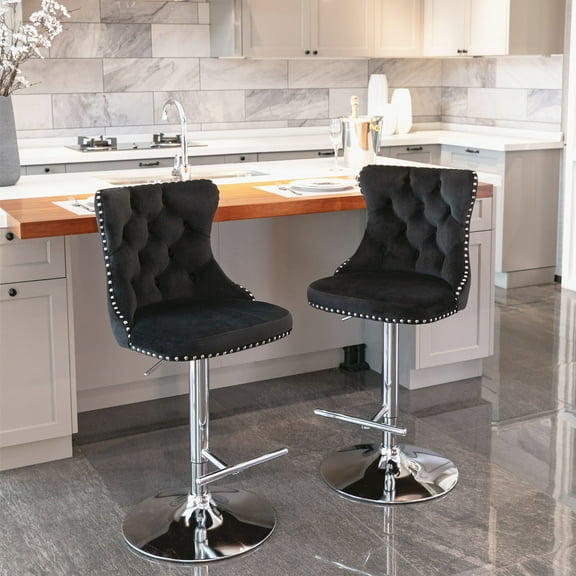 Cfowner Swivel Velvet Bar Stools Set of 2, Adjustable Counter Height Bar Chairs with Chrome Metal Base-Black