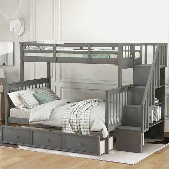 Cfowner Twin Over Full Stairway Bunk Bed with Drawers, Storage and Guardrail for Bedroom, No Box Spring Required