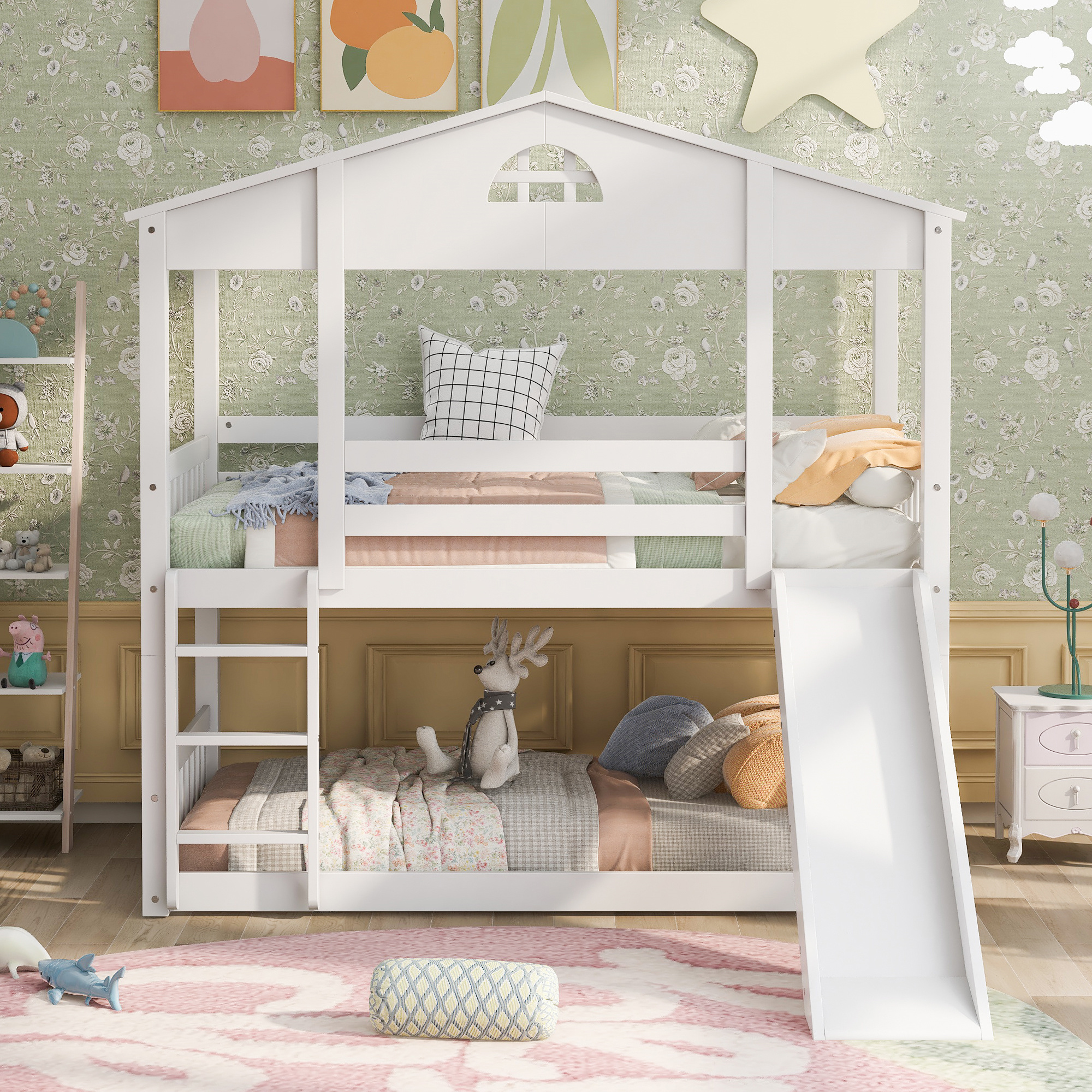 Cfowner Twin Over Twin House Bunk Bed, Converts into 2 Separate