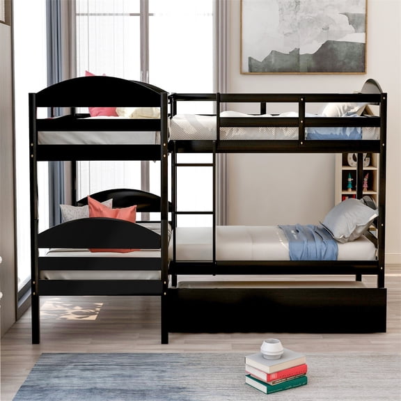 Cfowner Twin Over Twin Bunk Beds with Trundle, L-Shaped Loft Bed with Guard for Teens Bedroom