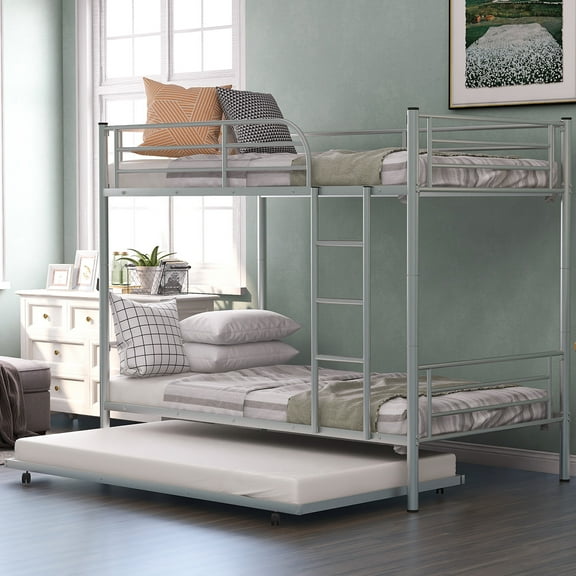 Cfowner Twin Over Twin Metal Bunk Bed with Trundle and Removable Ladder, Can be Divided into Two Beds, No Box Spring Needed, Sliver