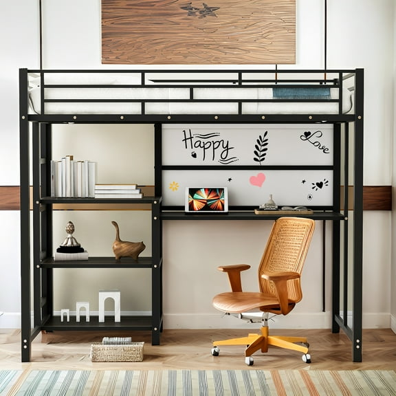 Cfowner Twin Size Loft Bed with Desk and Whiteboard, Metal Loft Bed with 3 Shelves and Ladder, Black