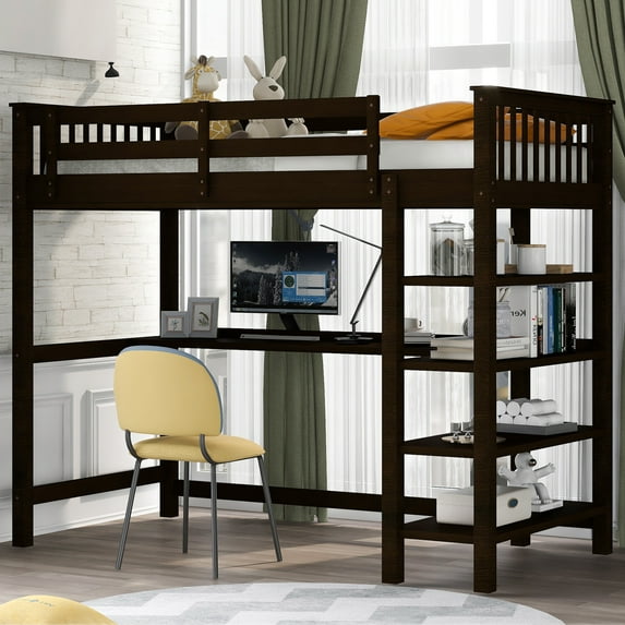 Cfowner Twin Size Loft Bed with Under-Bed Desk and Storage Shelves, Rubber Wooden Bed Frame for Boys Girls, Space Saving, No Box Spring Needed