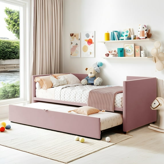 Cfowner Twin Size Upholstered Daybed with Pop Up Trundle, Pink