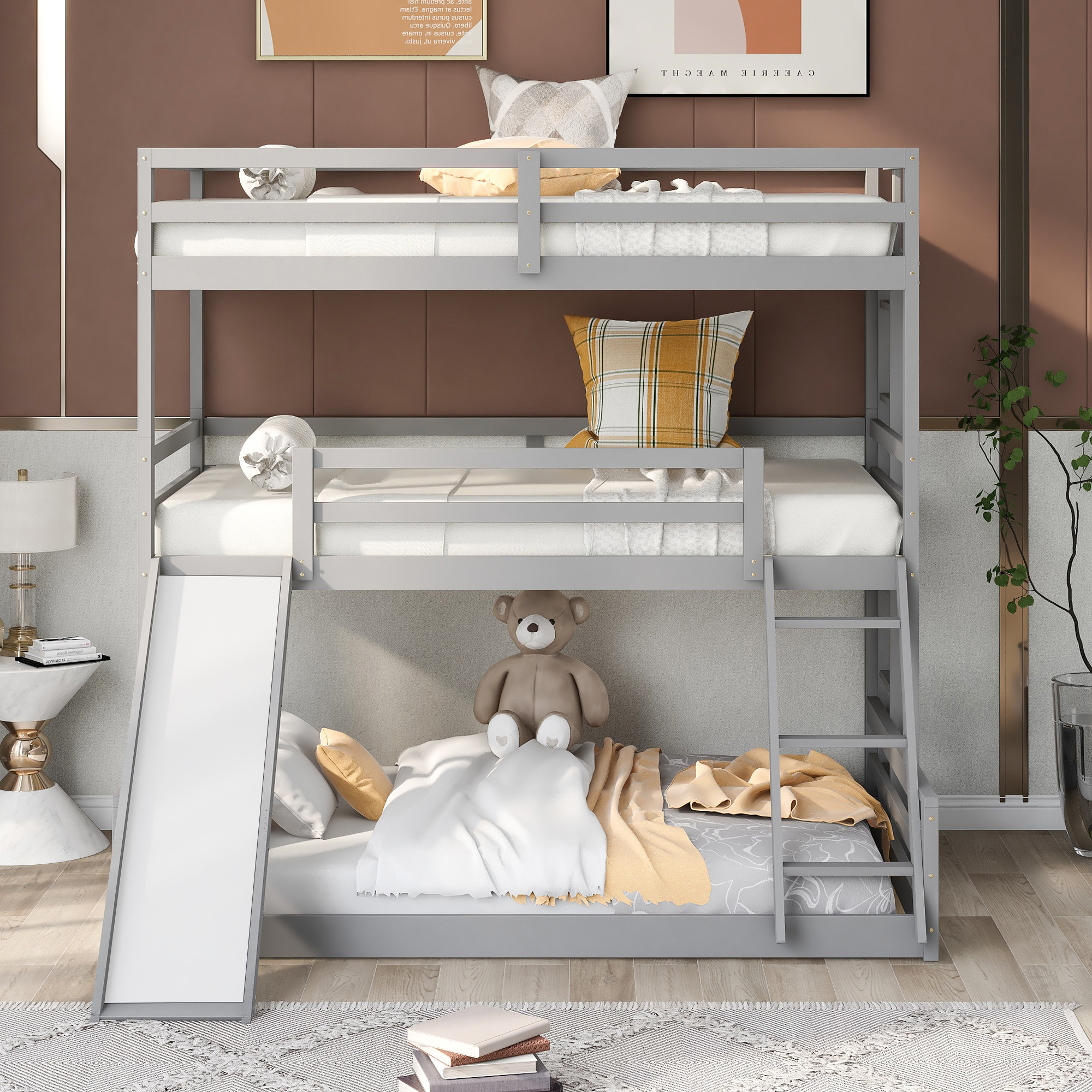 Cfowner Twin Triple Bunk Bed, Twin Over Twin Over Full Wood Bunk Bed