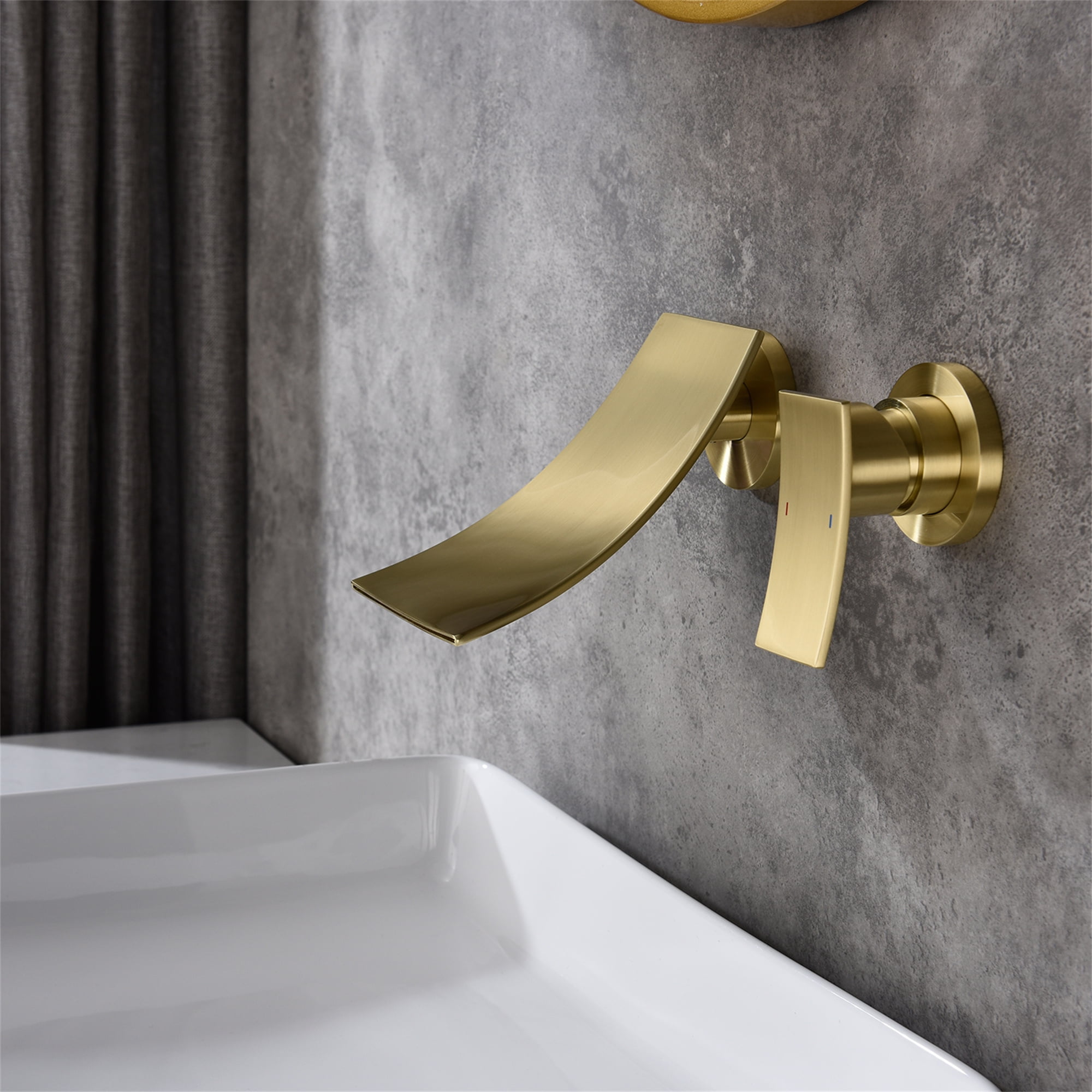 Cfowner Wall Mount Bathtub Faucet, Single Handle Bathroom Fixtures Widespread Faucet, 2 Hole Waterfall Spout Faucet, Gold