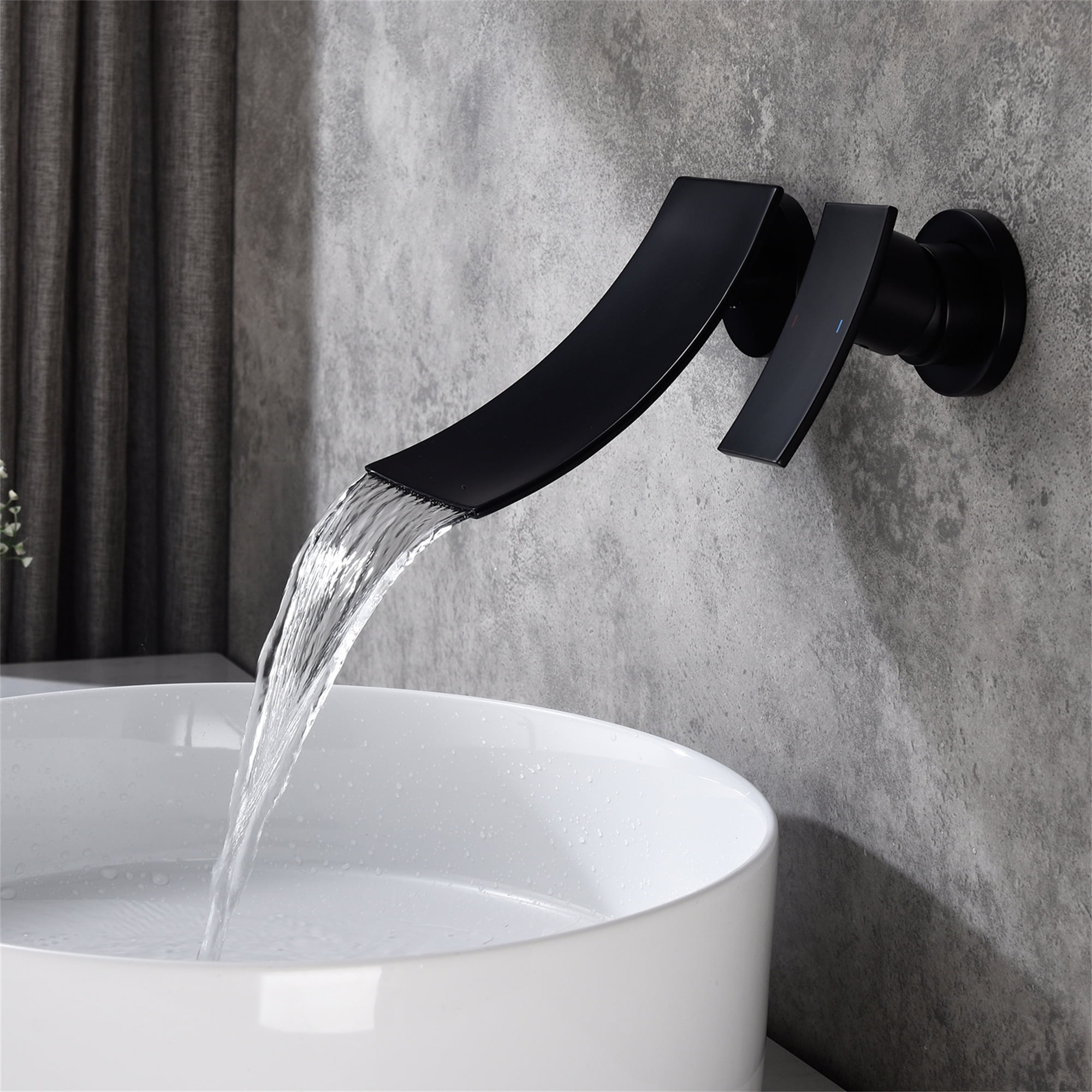 Cfowner Wall Mount Bathtub Faucet, Single Handle Bathroom Fixtures Widespread Faucet, 2 Hole Waterfall Spout Faucet, Matte Black