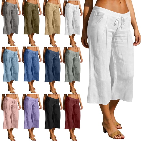 Cfrylhy Linen Capri Pants for Women Summer Casual Loose Vacation Beach Wide Leg Cropped Pants with Pockets