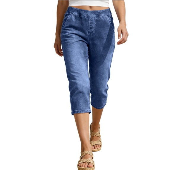 Cfrylhy Womens Capri Jeans Summer Casual Solid Color Straight Leg Cropped Denim Pants with Pockets