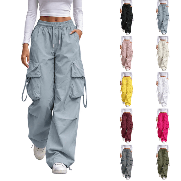 Cfrylhy Womens Plus Size Cargo Pants Outdoor Casual Sports Hiking Travel Pants Straight Leg Baggy Adjustable Hem Parachute Pants