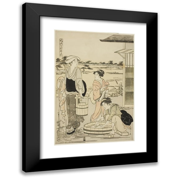Chōbunsai Eishi 17x24 Black Modern Framed Museum Art Print Titled - Ono No Komachi Washing the Copybook, from the Series the Fashionable Seven Komachi (Furyu Nana Komachi) (1788)