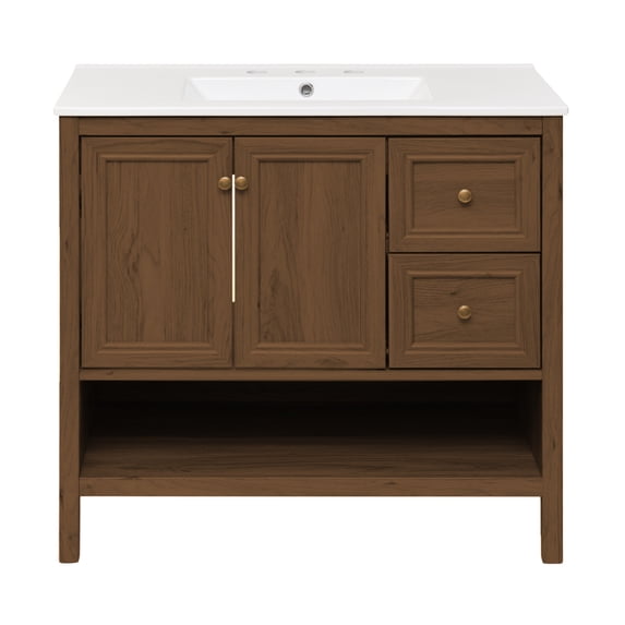 Château 36" Freestanding Bathroom Vanity in Brown Oak with 3-Hole Widespread Sink Top