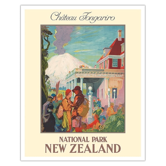 Château Tongariro - National Park New Zealand - Vintage Railroad Travel Poster by Edgar Macleod Lovell-Smith c.1930s - Fine Art Matte Paper Print (Unframed) 16x20in