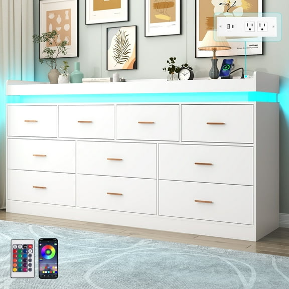 ChVans 10 Drawer Dresser with LED Lights and Charging Station, 70" Wide wood Chest of Drawers and Metal Handles, 39.8" Tall drawers dresser for bedroom, Living Room, Entryway, Hallway