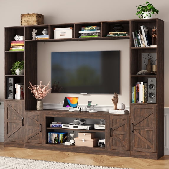 ChVans 103" Rustic TV Farmhouse Wall Unit Entertainment Center for TVs up to 80", Large Wall Unit TV Stand with Bookshelves, Charging Station & Sliding Barn Door Cabinets, Brown