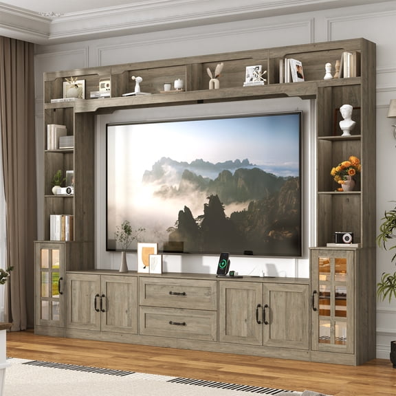 ChVans 106" W Wall Unit TV Stand with Storage for TVs up to 80", Modern TV Console with LED Lights, Entertainment Center with Bookshelves for Living Room