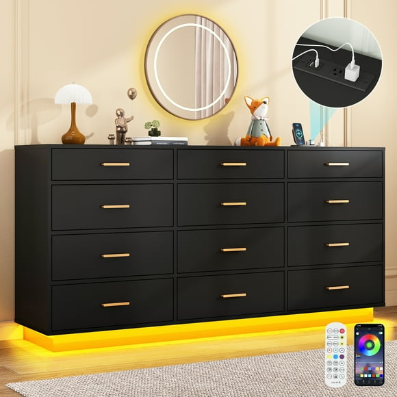 ChVans 12 Drawer Dresser with 60000-color LED Lights & Power Outlet, 63'' Long Modern Chest of Drawers for Closet, Wide Drawer Organizer Cabinet for Bedroom, Living Room, Entryway, Hallway