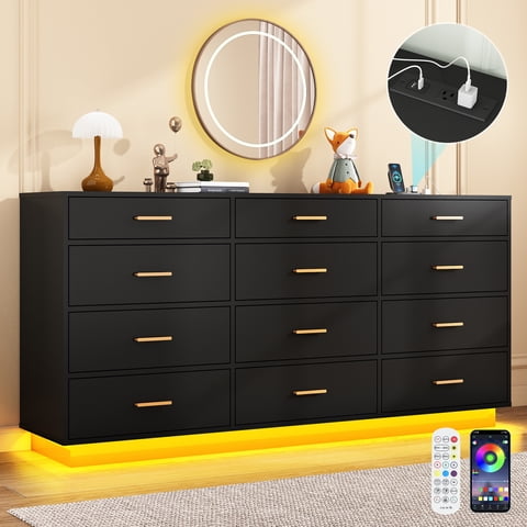 ChVans 12 Drawer Dresser with 60000-color LED Lights & Power Outlet, 63'' Long Modern Chest of Drawers for Closet, Wide Drawer Organizer Cabinet for Bedroom, Living Room, Entryway, Hallway