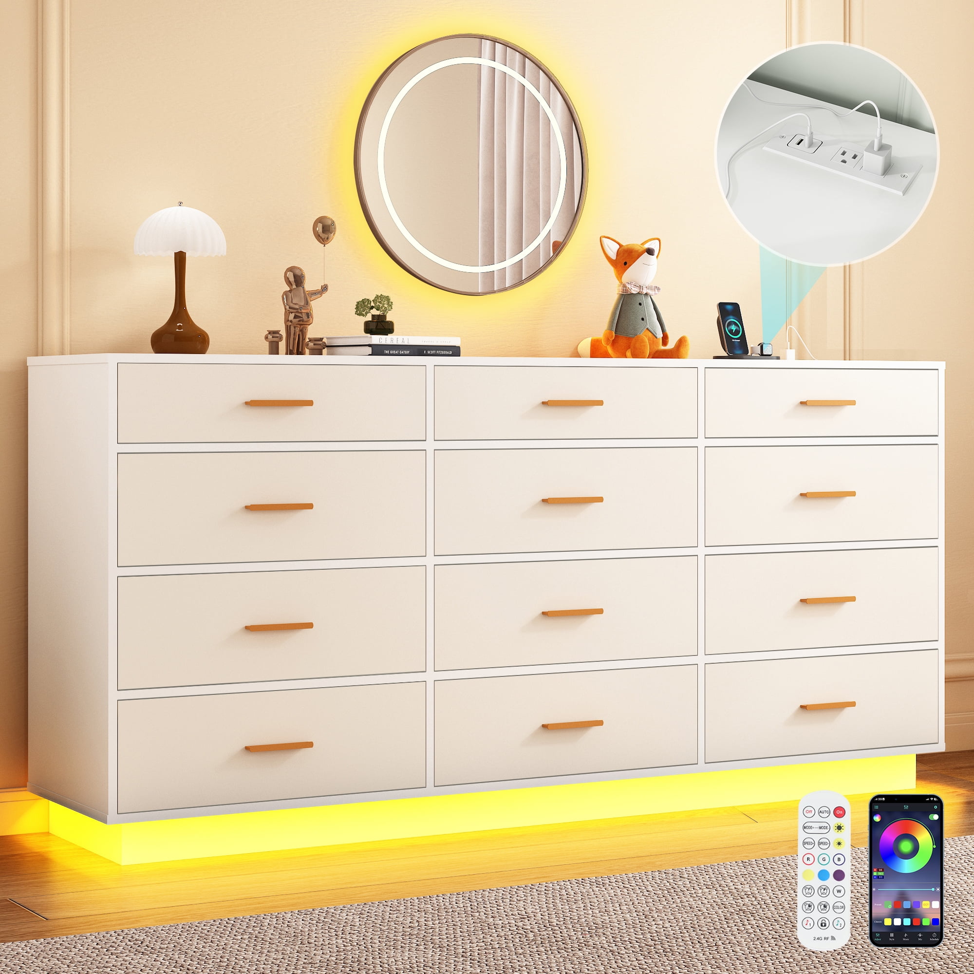 ChVans 12 Drawer Dresser with 60000-color LED Lights & Power Outlet, 63'' Long Modern Chest of Drawers for Closet, Wide Drawer Organizer Cabinet for ChVans 12 Drawer Dresser with 60000-color LED Lights & Power Outlet, 63'' Long Modern Chest of Drawers for Closet, Wide Drawer Organizer Cabinet for