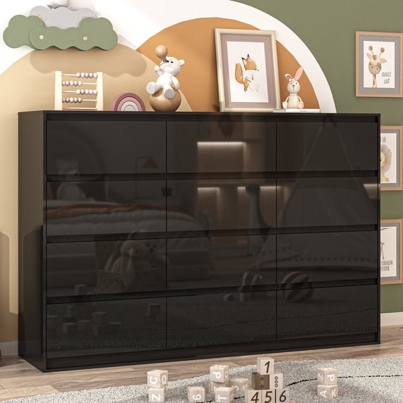 ChVans 12 Drawer Dresser for Bedroom, 63" Wide 41.3" Tall Modern High Gloss Dresser with Wood Chest of 12 Drawer Handle Free, Large Black Malm Dresser for Bedroom, Living Room, Entryway, Hallway