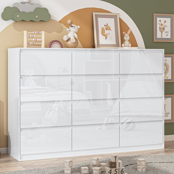 ChVans 12 Drawer Dresser for Bedroom, 63" Wide 41.3" Tall Modern High Gloss Dresser with Wood Chest of 12 Drawer Handle Free, Large White Malm Dresser for Bedroom, Living Room, Entryway, Hallway