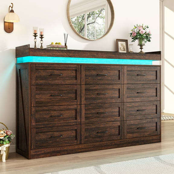 ChVans 12 Drawer Dresser with LED Light and Charging Station, 71" Wide 46" Tall Farmhouse Large Chest of Drawers for Closet, Large Wide Drawer Organizer Cabinet for Bedroom, Living Room