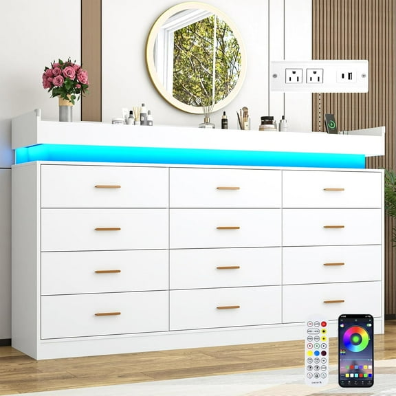 ChVans 12 Drawer Dresser with LED Lights and Charging Station, 70" Wide wood Chest of Drawers and Metal Handles, 45.7" Tall drawers dresser for bedroom, Living Room, Entryway, Hallway
