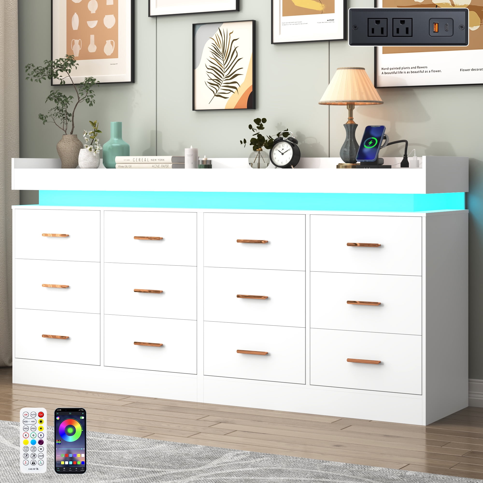 ChVans 12 drawer Dresser with Charging Station and LED Lights, Modern Chest of Drawers for Closet, 12 drawer dresser for Bedroom, Living Room, Entryway, Hallway