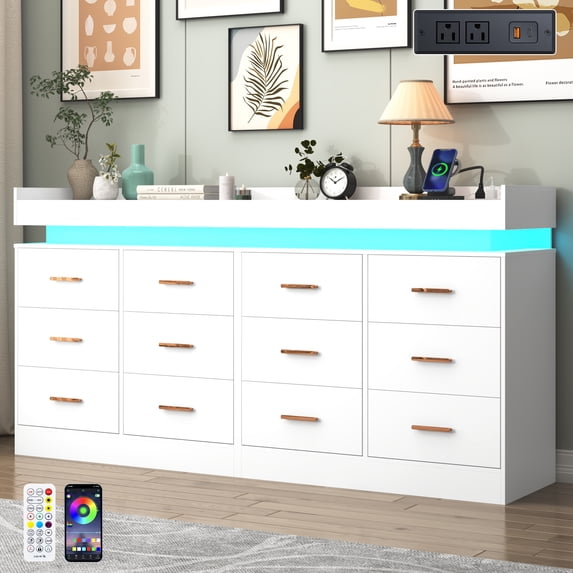 Led Between Drawers ChVans 12 drawer Dresser with Charging Station and LED Lights, Modern ...